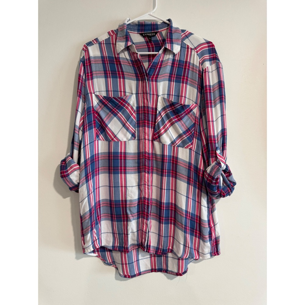 Soft Express Plaid Button Up Shirt Womens Small Pink Blue Roll Tab Sleeve Pocket